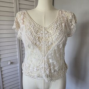 Forever‎ 21 Cream Crochet Lace Sheer Top Size S/M Boho Romantic Festival Y2K